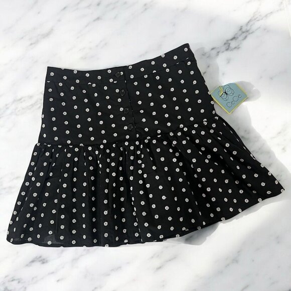 CECE Mini Skirt Size 10 Black Eyelet Floral Dot Embroidered Lined Drop Waist - Picture 1 of 5